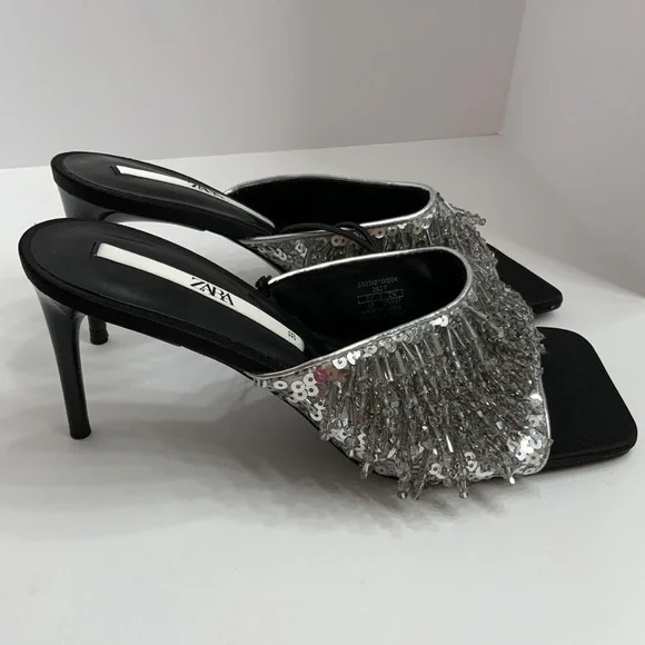 NWT Zara Party Sandals Heels Size 7.5 Open Toe Beaded Sparkly Slip On Sandals - Picture 4 of 11